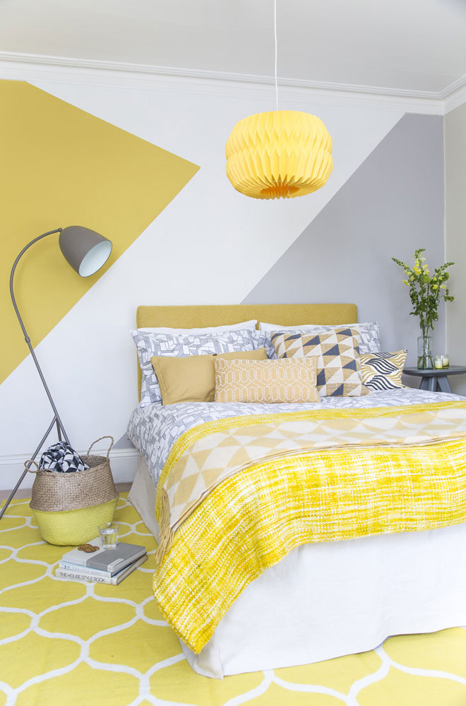 Shape up your bedroom with  painted stripes in mustard yellow and cloud grey for the perfect colour combo